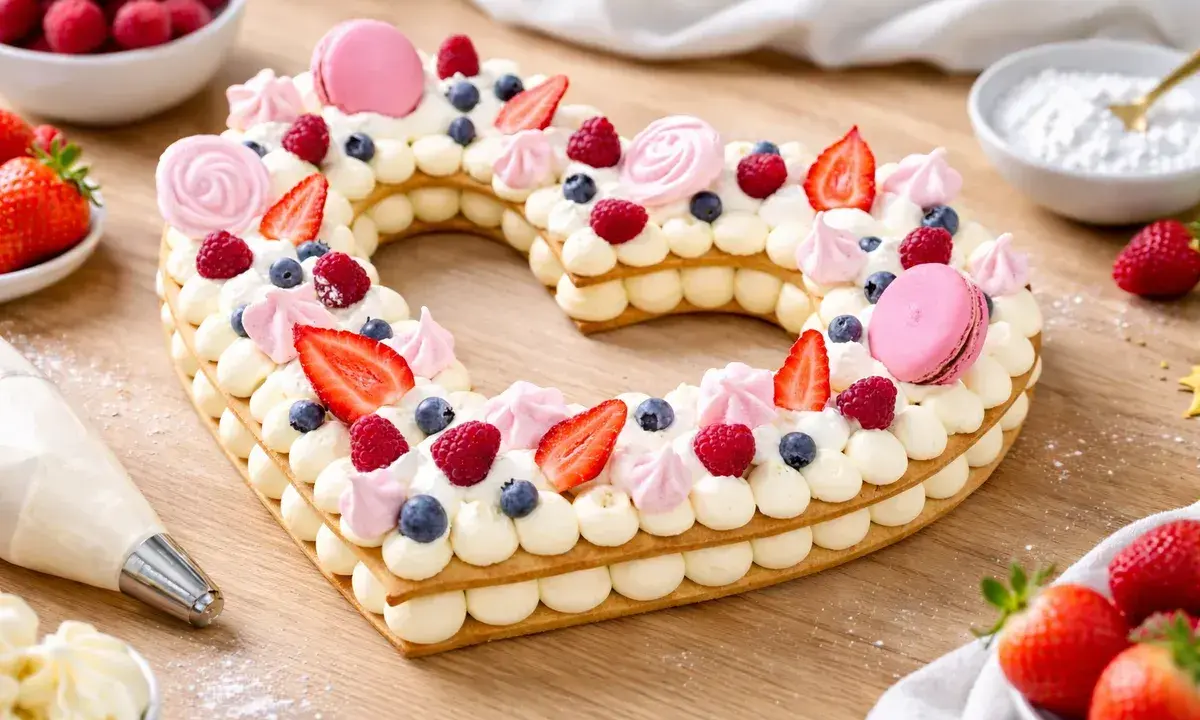 Un délicieux number cake en forme de cœur, garni de crème, fruits rouges et macarons. Un vrai régal visuel et gustatif !
