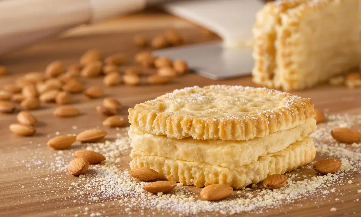 Trois biscuits joconde empilés, saupoudrés de sucre glace, entourés d'amandes sur une planche en bois.