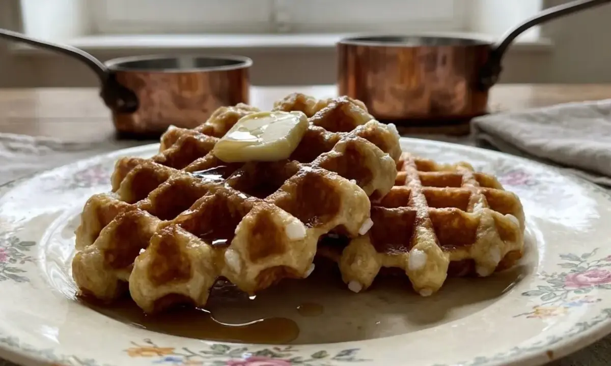 Gaufres dorées, leur texture aérienne révèle la douceur de la pâte à gaufre. Un délice avec du beurre et du sirop.