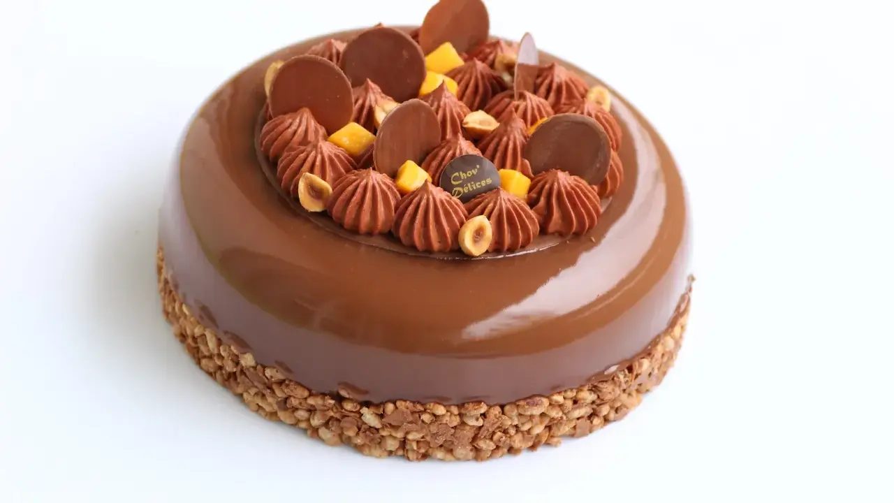 Entremet au chocolat avec un biscuit croustillant pour entremet, garni de rochers chocolatés, noisettes et dés de mangue.