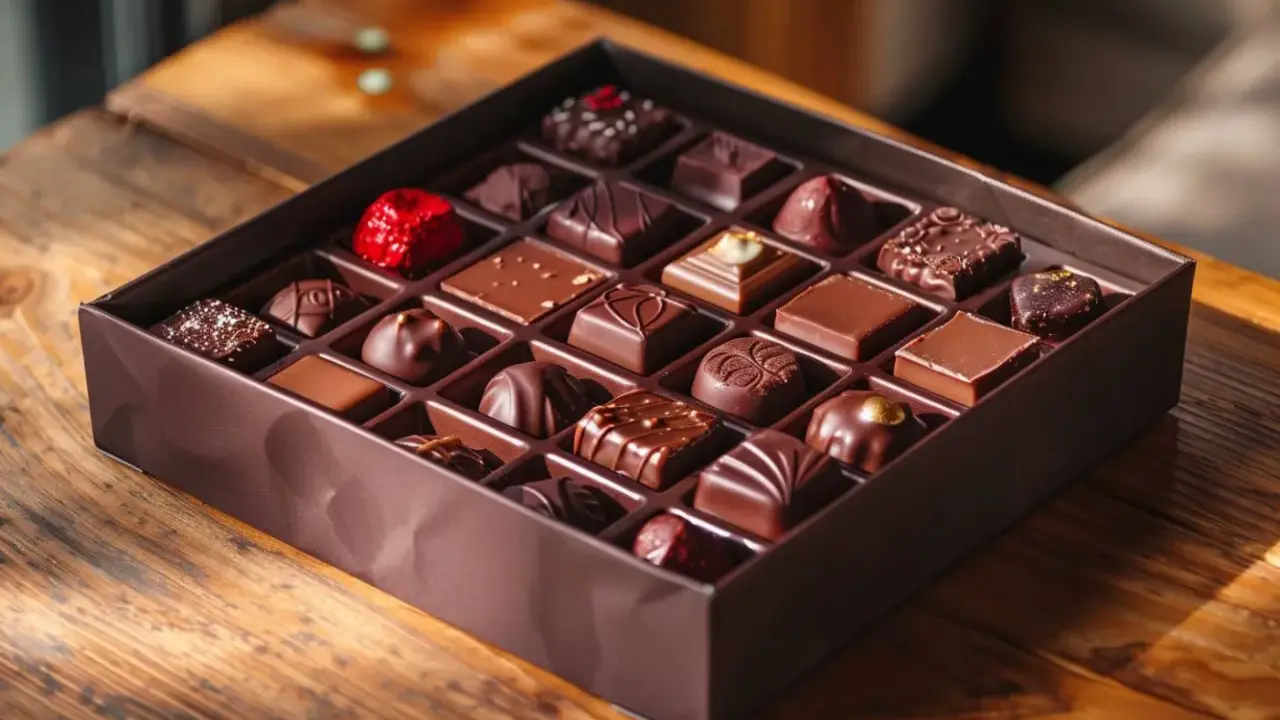 Une boîte de chocolats assortis, chacun un petit bonbon chocolat, est posée sur une table en bois.