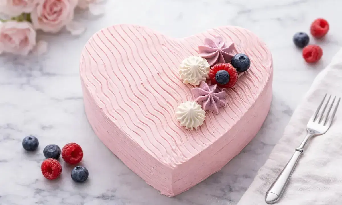 Un délicieux gâteau cœur rose, décoré de fruits rouges et de meringues, prêt à être dégusté.