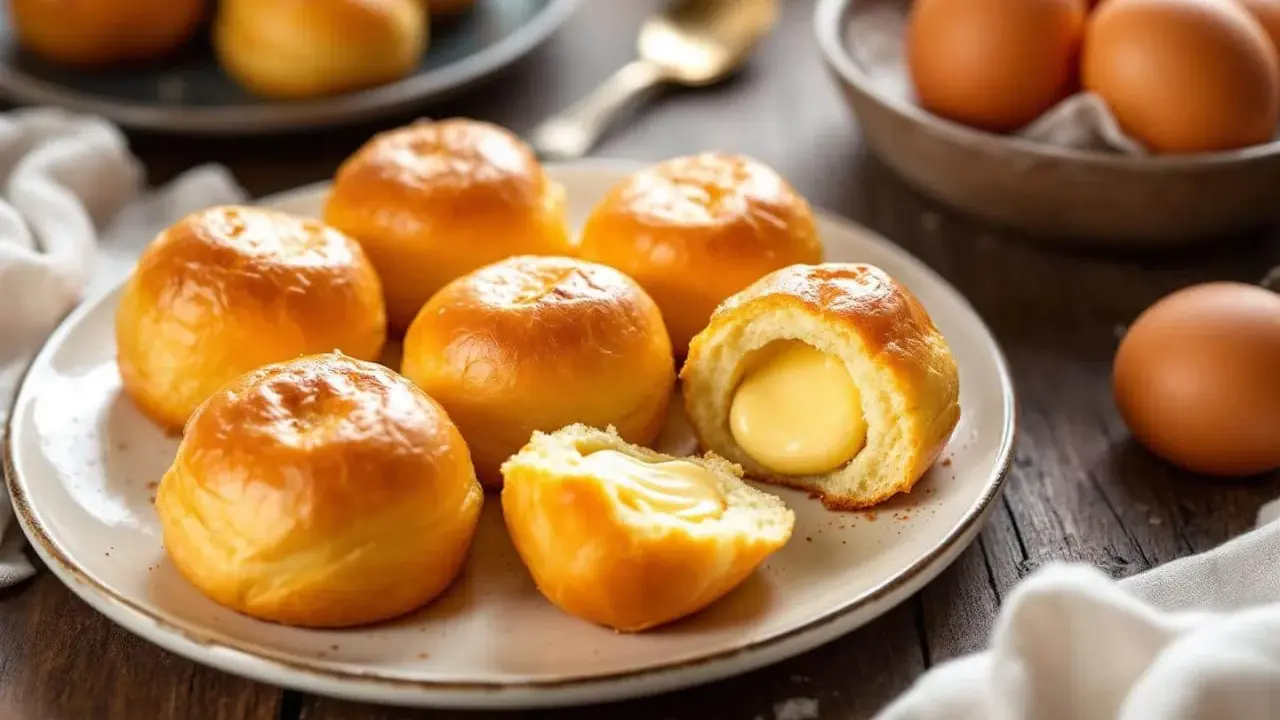 Petits pains dorés, certains coupés révèlent une garniture crémeuse. Ces douceurs rappellent la pâte à choux des éclairs.