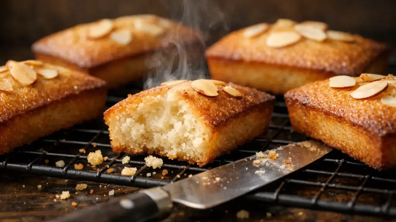 Financiers dorés, parfaits pour une recette traditionnelle. Vapeur s'échappant d'un gâteau à la texture aérée, garni d'amandes effilées.
