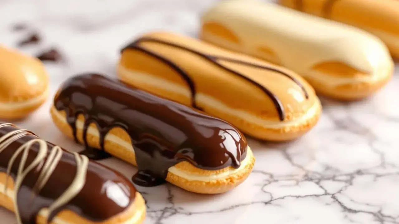 Plusieurs éclairs gourmands, certains au fondant chocolat noir, d'autres au glaçage caramel ou blanc, sur fond marbré.