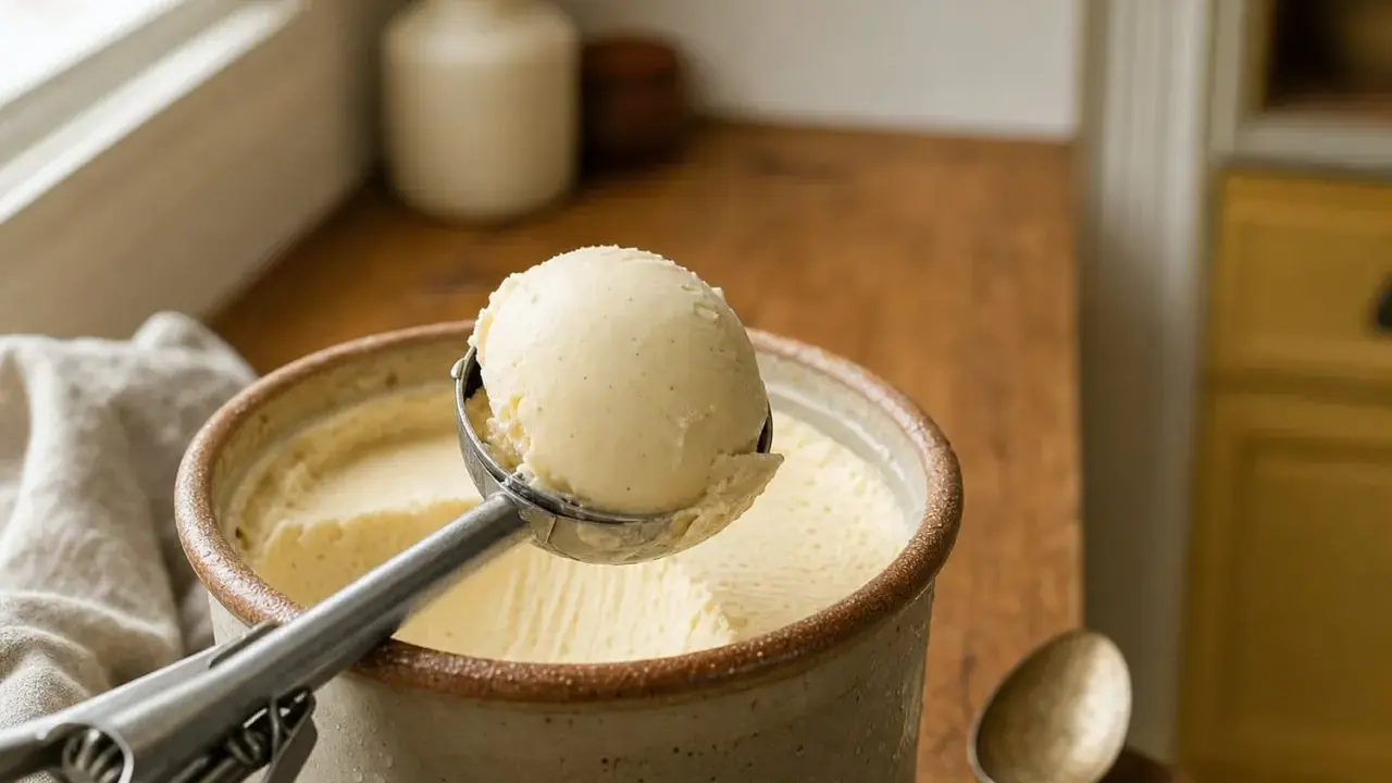 Une cuillère prélève une boule crémeuse de glace vanille maison dans un pot en grès.