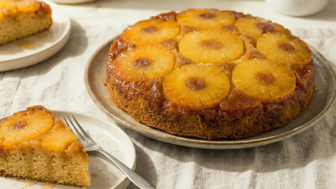 Un gâteau aux ananas facile, doré et caramélisé, avec des tranches d'ananas sur le dessus. Une part est servie sur une assiette avec une fourchette.