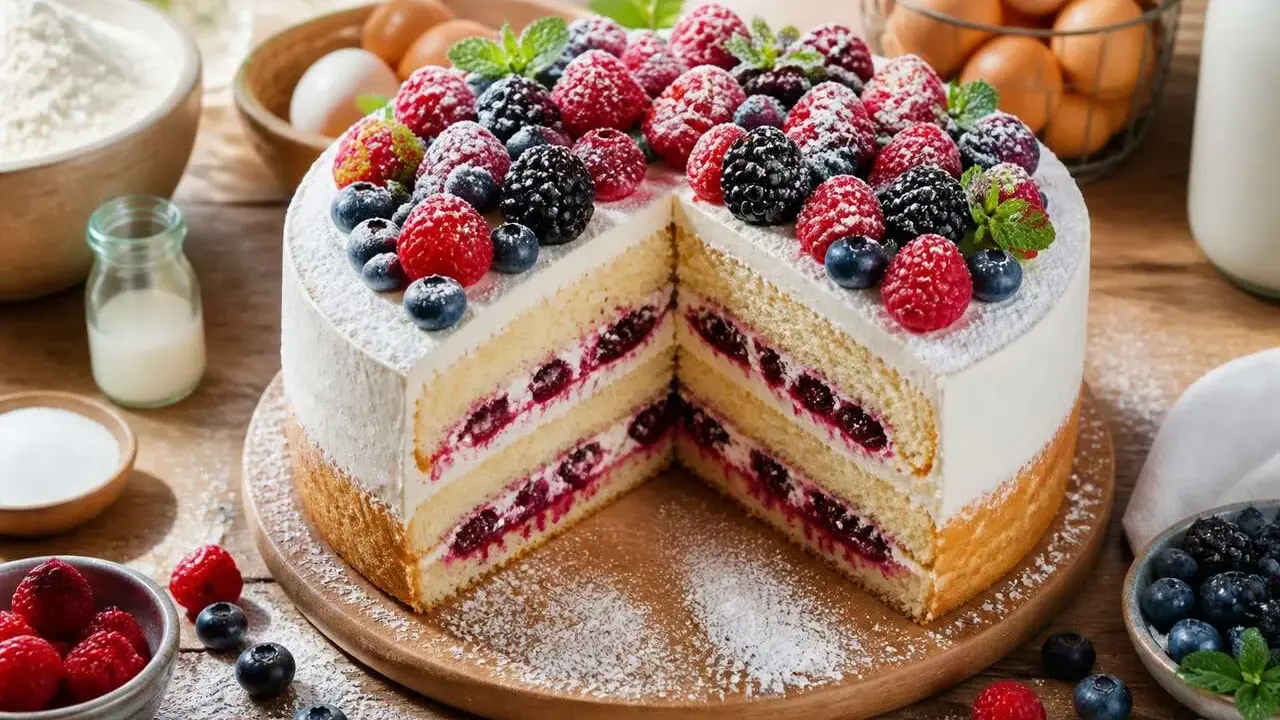 Gâteau à étages décoré de fruits rouges frais, avec des couches de crème et de confiture de baies.