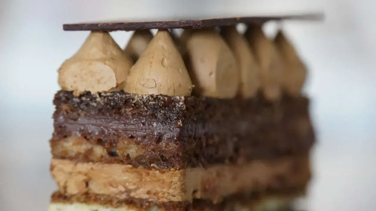 Une tranche de gâteau Opéra, avec sa composition de couches de biscuit Joconde, ganache au chocolat et crème au café, surmontée de dômes de crème et d'une fine plaque de chocolat.