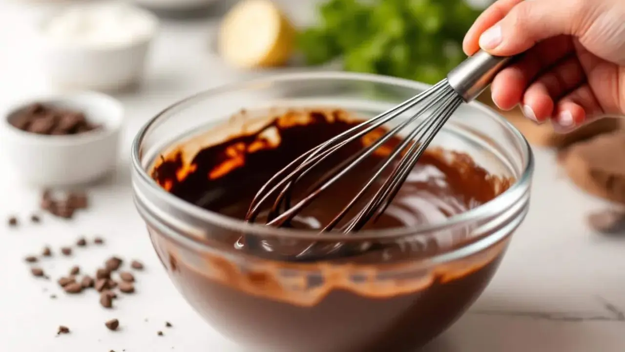 Maintenant, on va faire un bain-marie pour faire fondre ce chocolat. La main mélange doucement la ganache.
