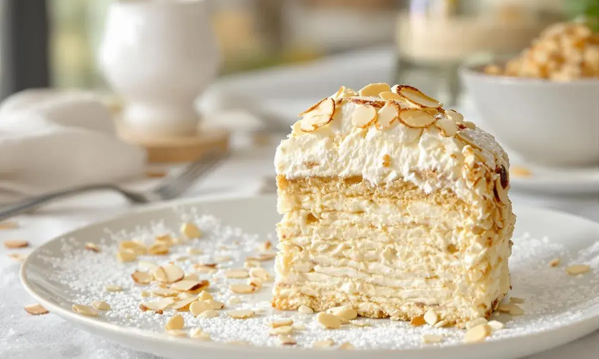 Tranche de gâteau aérien, une dacquoise amande légère, garnie de crème fouettée et d'amandes effilées grillées.