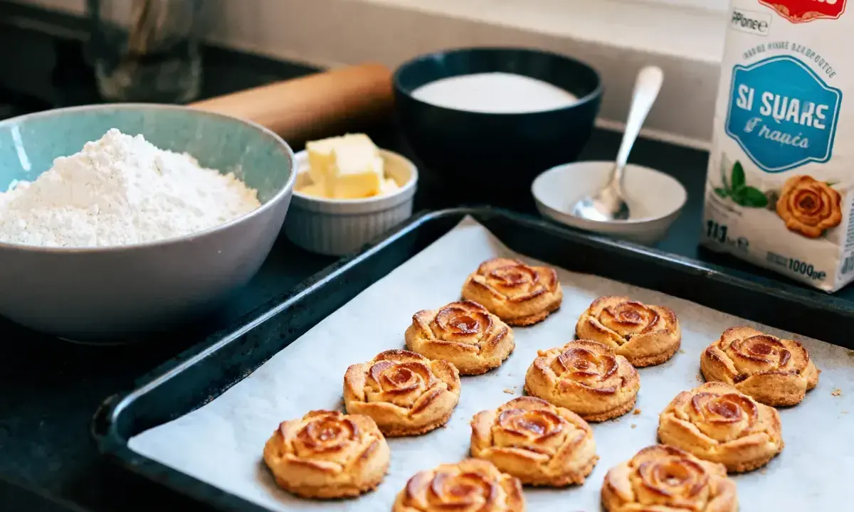 Biscuits en forme de roses, prêts à être dégustés. Une recette professionnelle de rose des sables qui fait saliver.