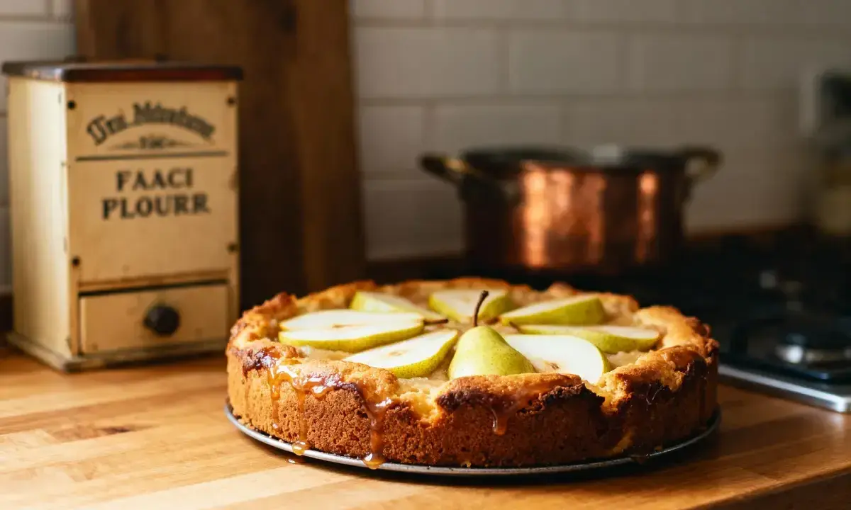 Tarte aux poires au sirop, dorée et appétissante, sur un plan de travail en bois. Un pot en cuivre est visible en arrière-plan.