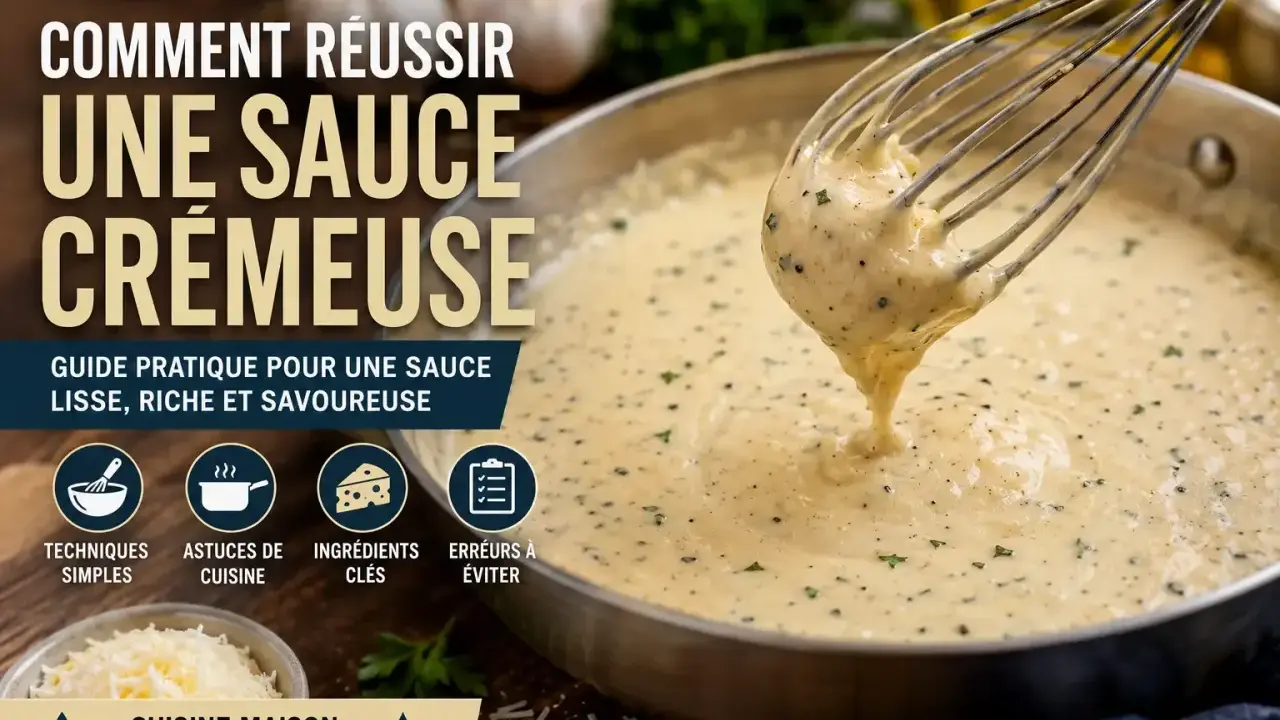 Un fouet soulève une sauce crémeuse et onctueuse d'une poêle. Guide pour réussir une sauce lisse et savoureuse.