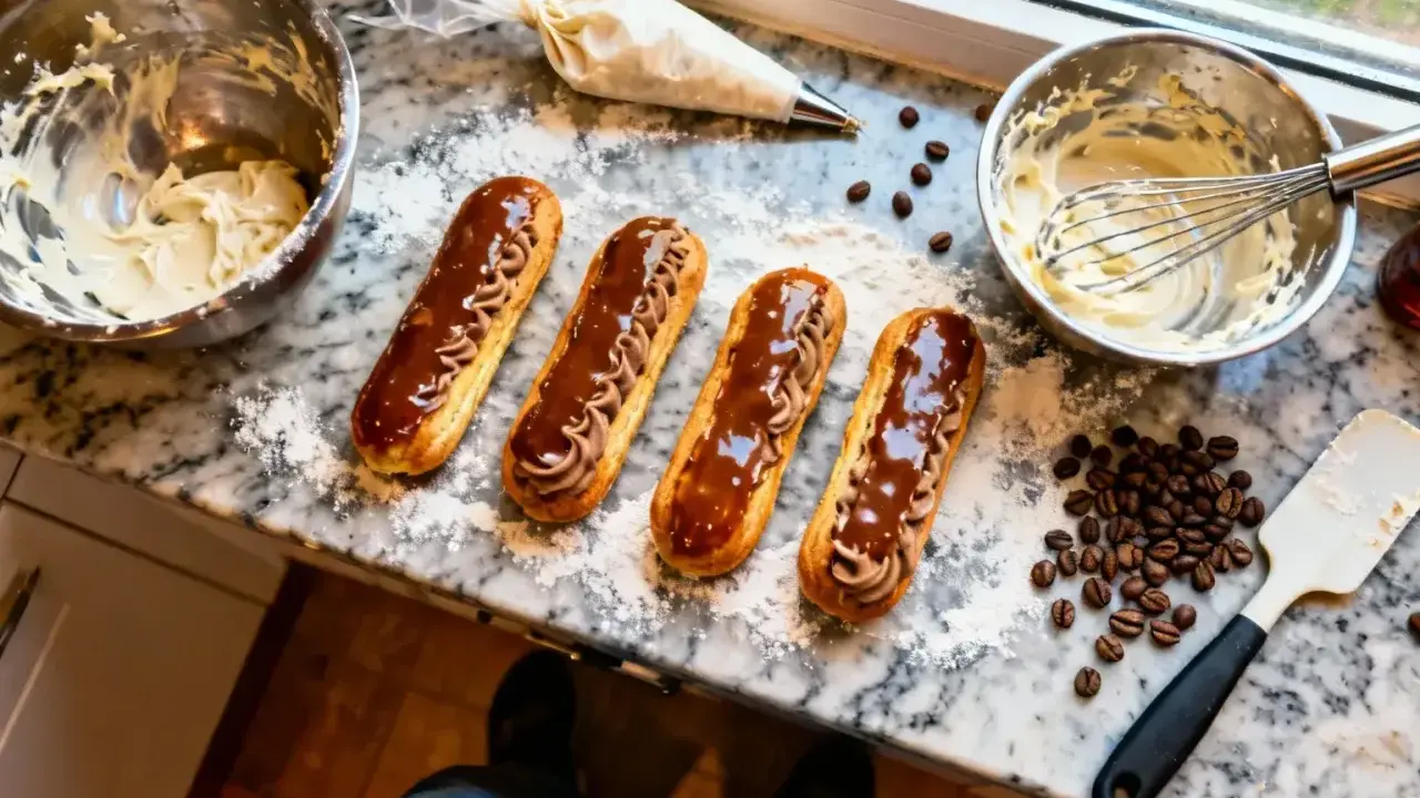 Quatre éclairs au café, garnis de crème et nappés de chocolat, sont prêts à être dégustés.