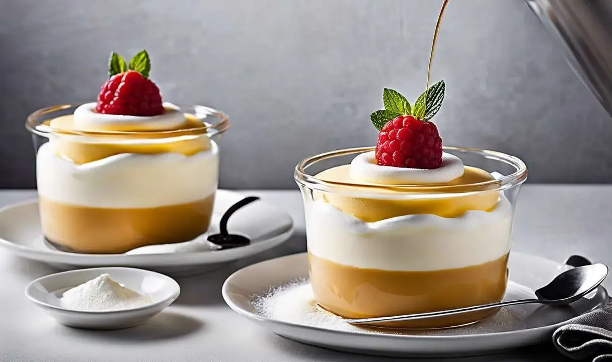 Deux desserts en verrine, une espuma légère, garnie d'une framboise et d'une feuille de menthe. Une recette gourmande.