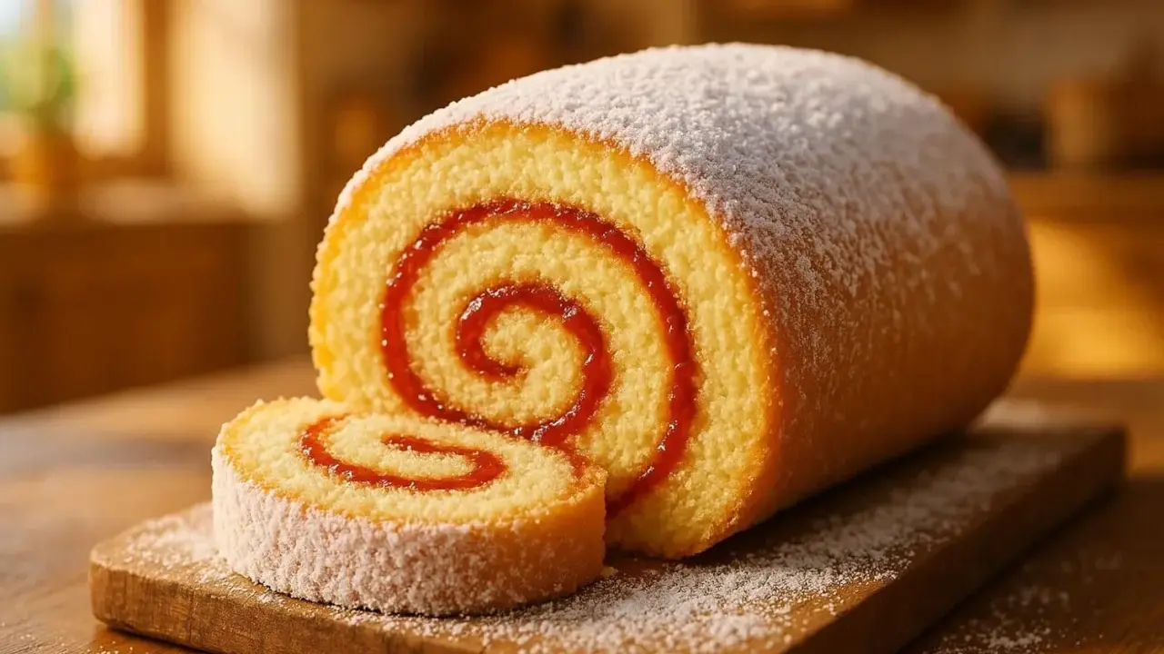 Un gâteau roulé meilleur pâtissier, saupoudré de sucre glace, avec une spirale de confiture rouge. Un délice visuel et gustatif.