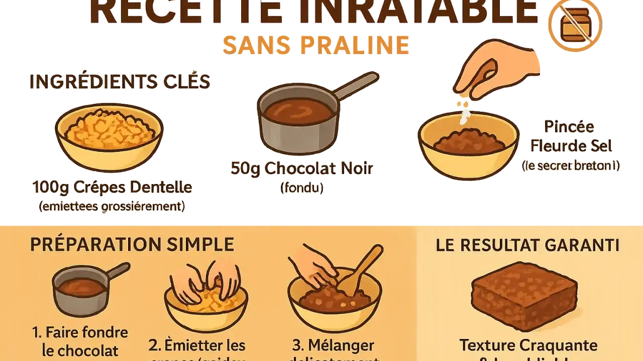 Recette facile pour un croustillant de crêpes dentelle et chocolat noir. Ingrédients : crêpes dentelle émiettées, chocolat fondu, fleur de sel. Préparation simple.