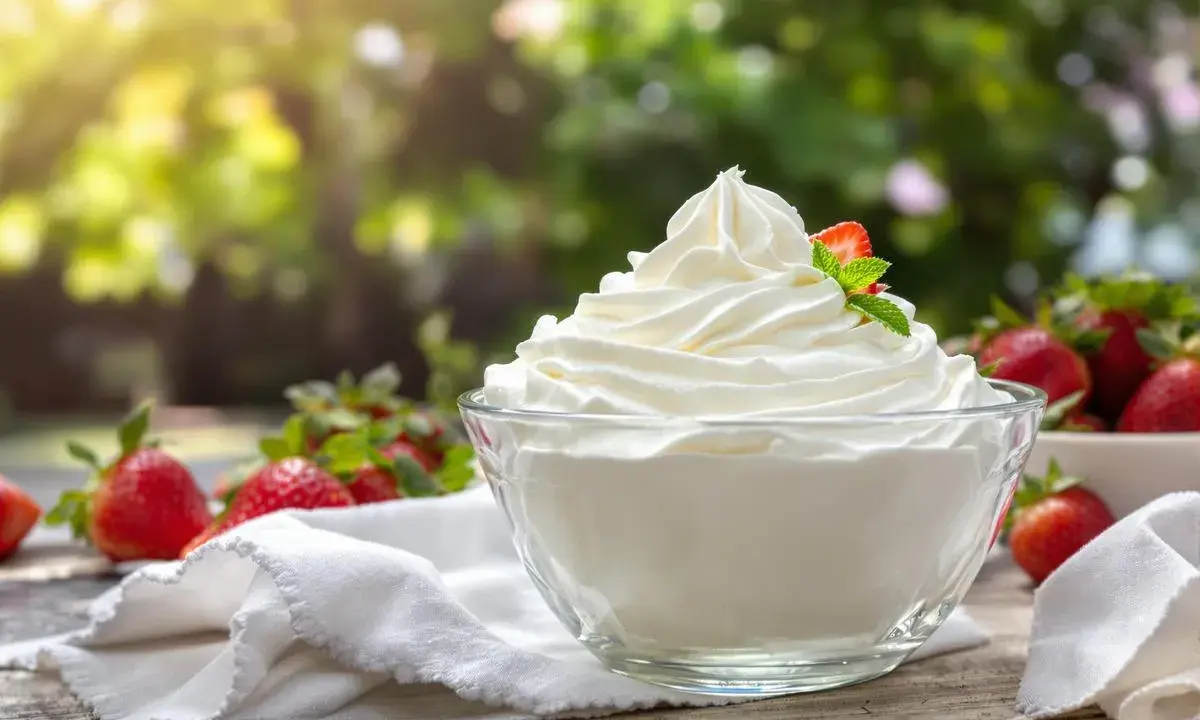 Un bol de crème chantilly qui tient longtemps, garni d'une fraise et d'une feuille de menthe, entouré de fraises fraîches.