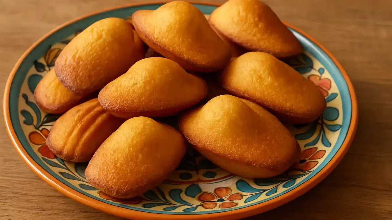 Assiette colorée de madeleines dorées, parfaites pour des recettes de madeleines maison.