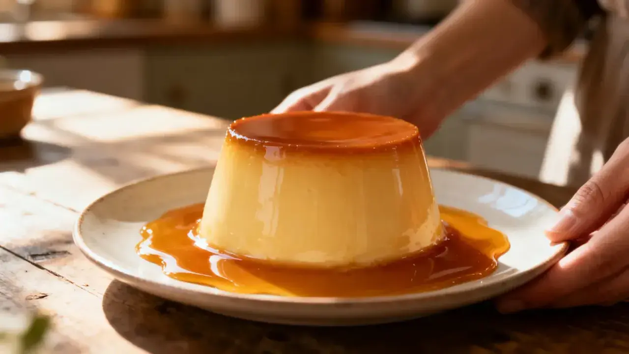 Un délicieux flan à la crème pâtissière et son caramel doré, prêt à être dégusté.