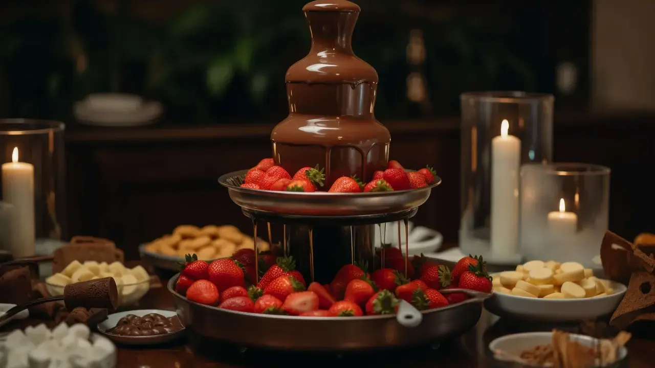 Fontaine à chocolat en action, entourée de fraises fraîches et de guimauves. Une recette gourmande pour un dessert inoubliable.