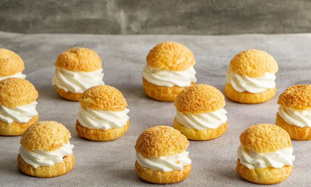 Douzaines de choux garnis de crème fouettée, prêts à être dégustés. La cuisson pâte à choux au four traditionnel ou chaleur tournante donne ce résultat parfait.
