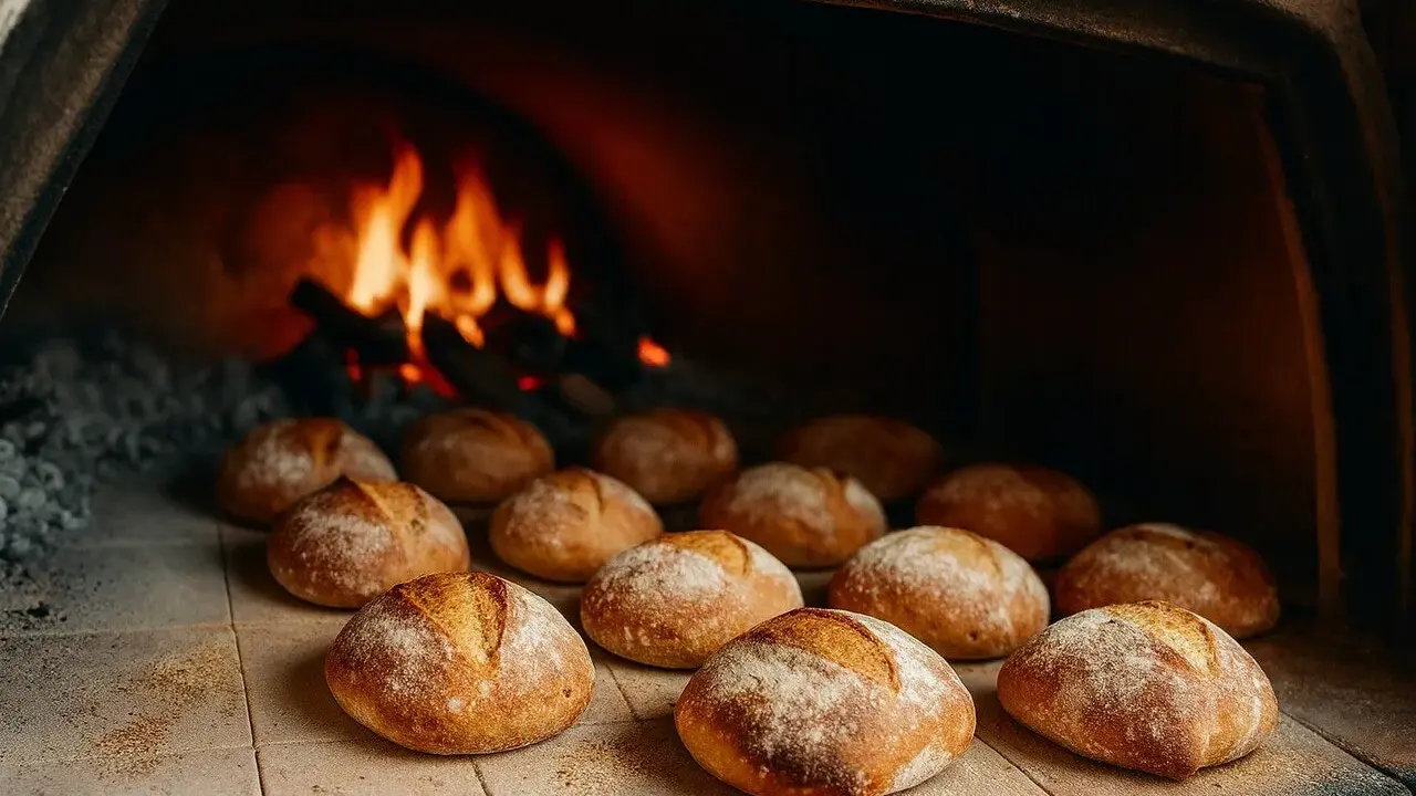 Des pains dorés attendent leur temps de cuisson du pain au four, avec des flammes vives en arrière-plan.