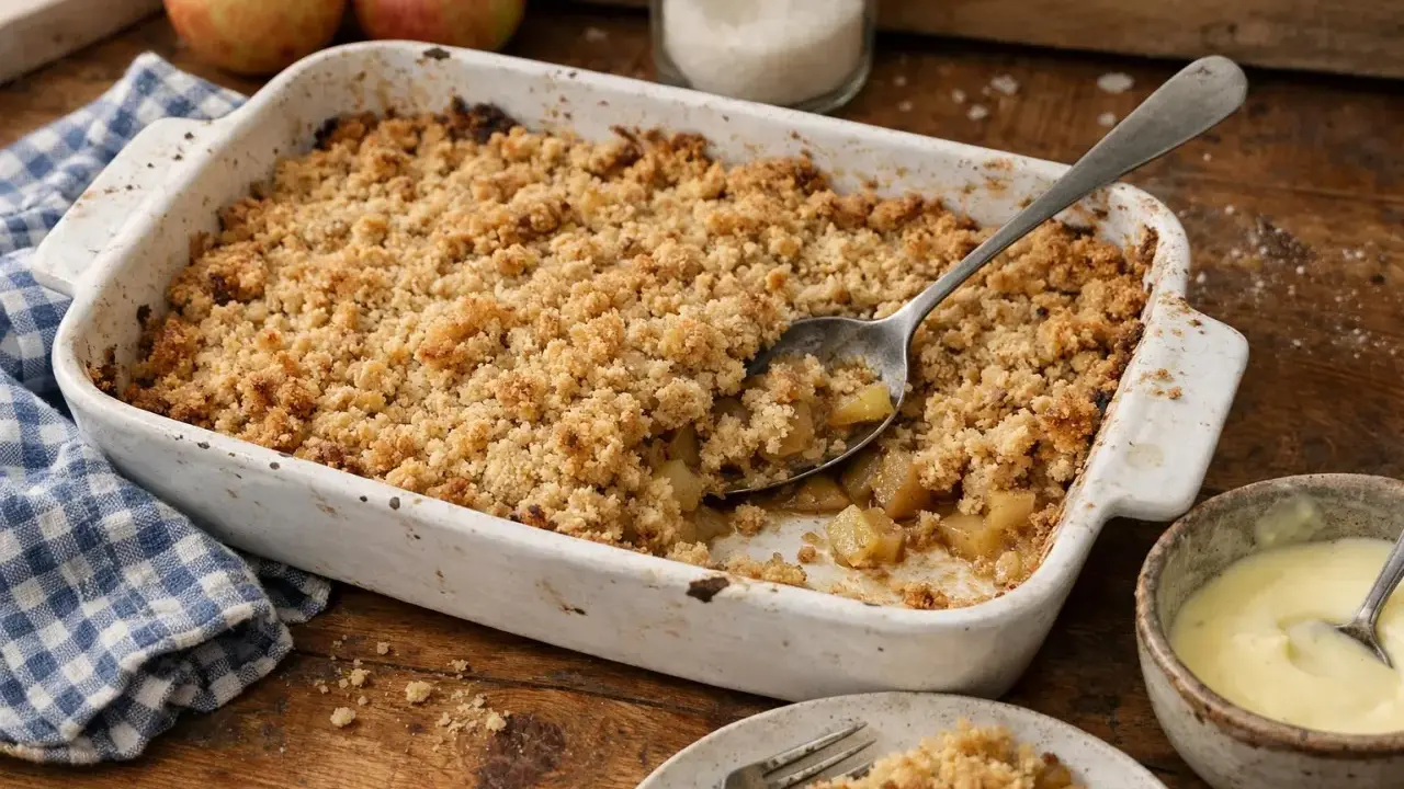 Un plat de meilleur crumble aux pommes tout juste sorti du four, avec une cuillère prête à servir. Des pommes fraîches et une crème anglaise complètent ce délice.