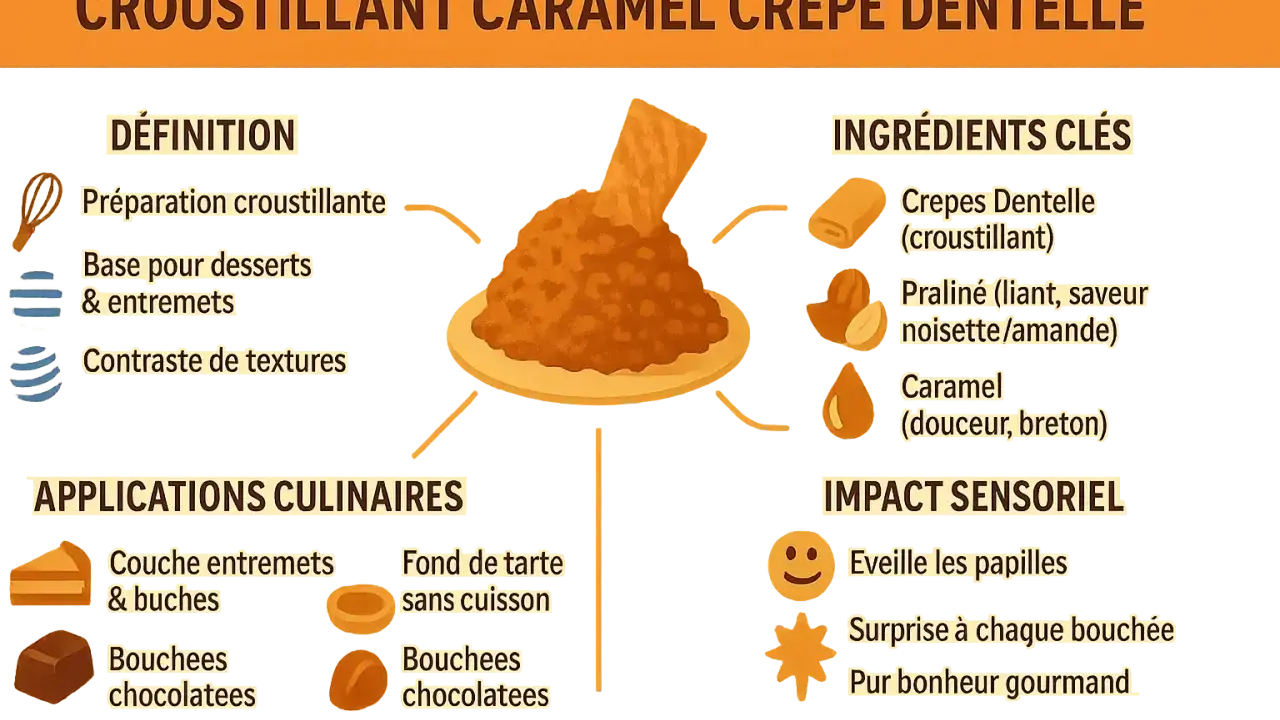 Un croustillant caramel crêpe dentelle, idéal pour desserts et entremets, offrant un contraste de textures.