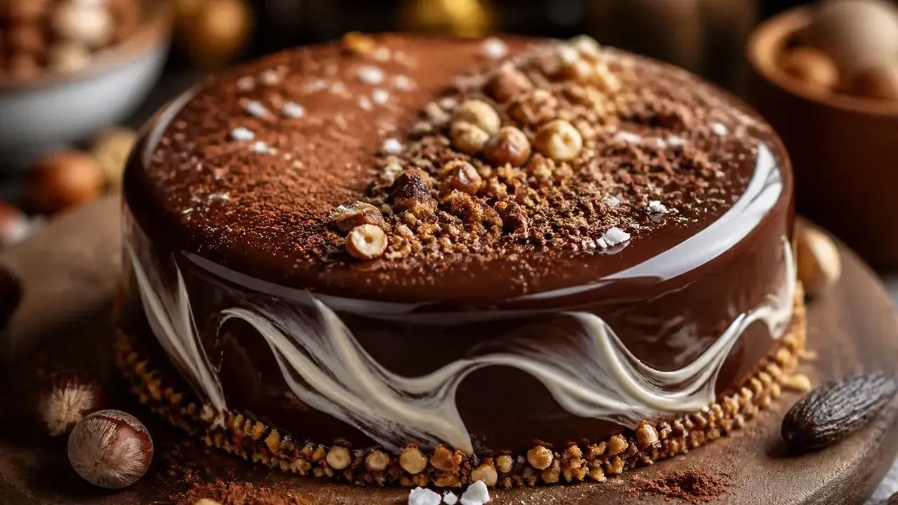 Un magnifique entremet chocolat noisette, glacé et décoré de noisettes croquantes et de cacao. Un délice visuel et gustatif.