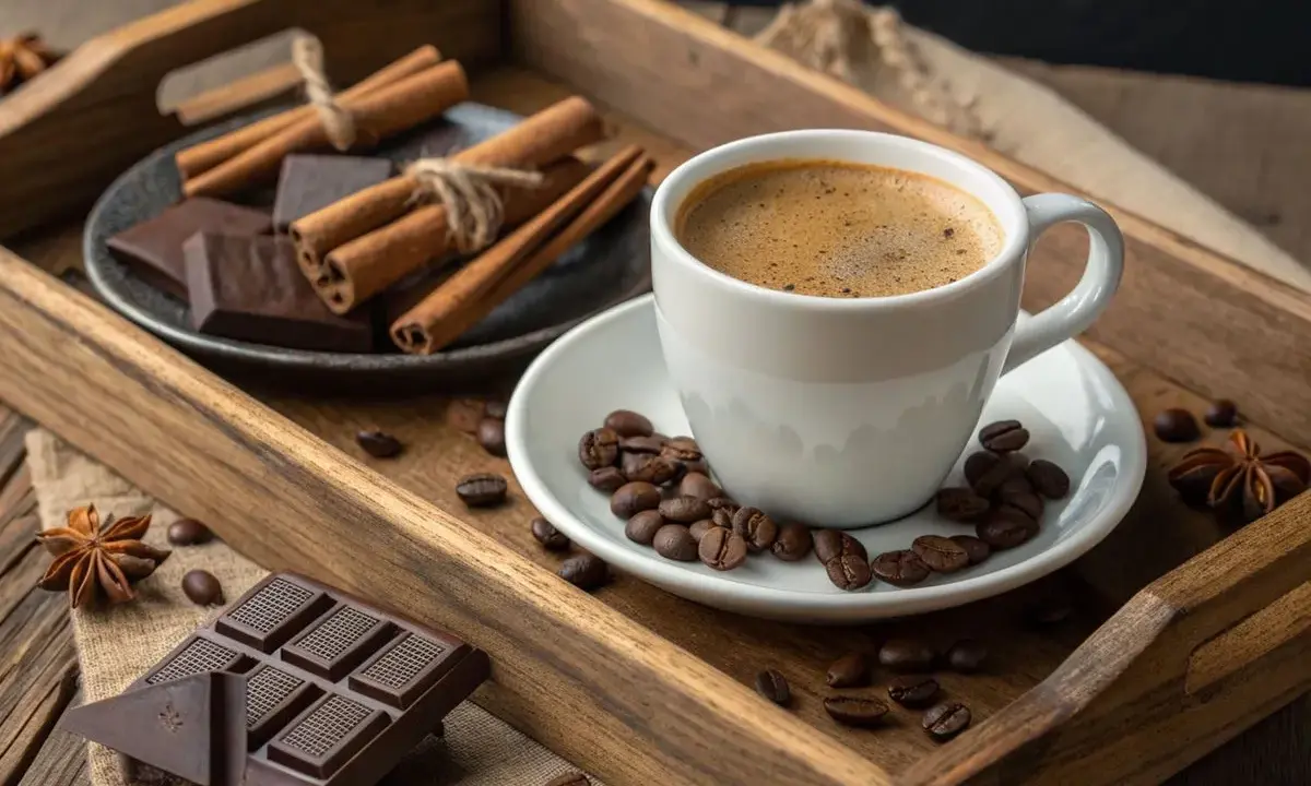 Une tasse de café fumante, du chocolat noir, des grains de café, de la cannelle et de l'anis étoilé sur un plateau en bois. Un délice moka chocolat.