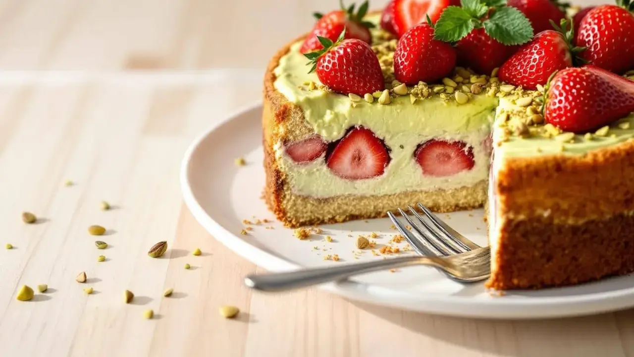 Gâteau fraisier pistache, garni de fraises fraîches et de pistaches concassées. Une part est coupée, révélant des rondelles de fraises à l'intérieur.
