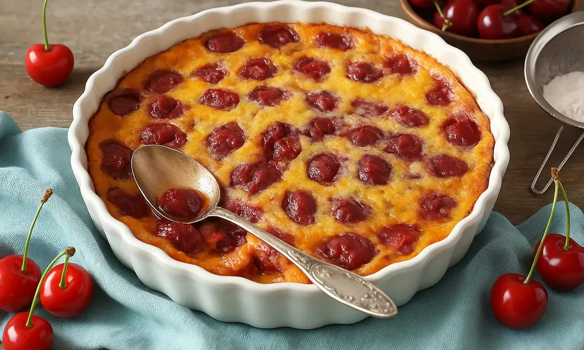 Clafoutis aux cerises, tout juste sorti du four. La cuisson chaleur tournante ou traditionnelle a donné cette belle couleur dorée.
