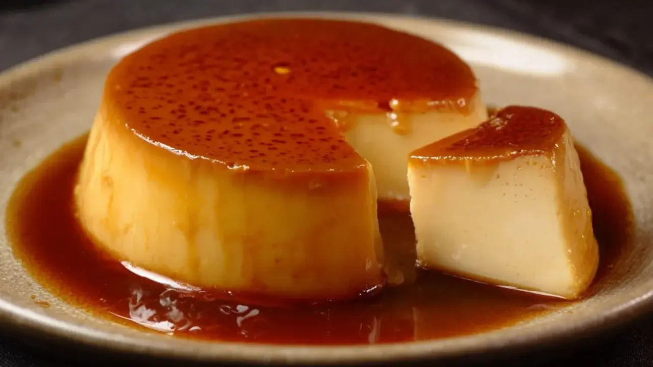 Crème renversée on a plate, with a slice cut out, glistening with caramel sauce.