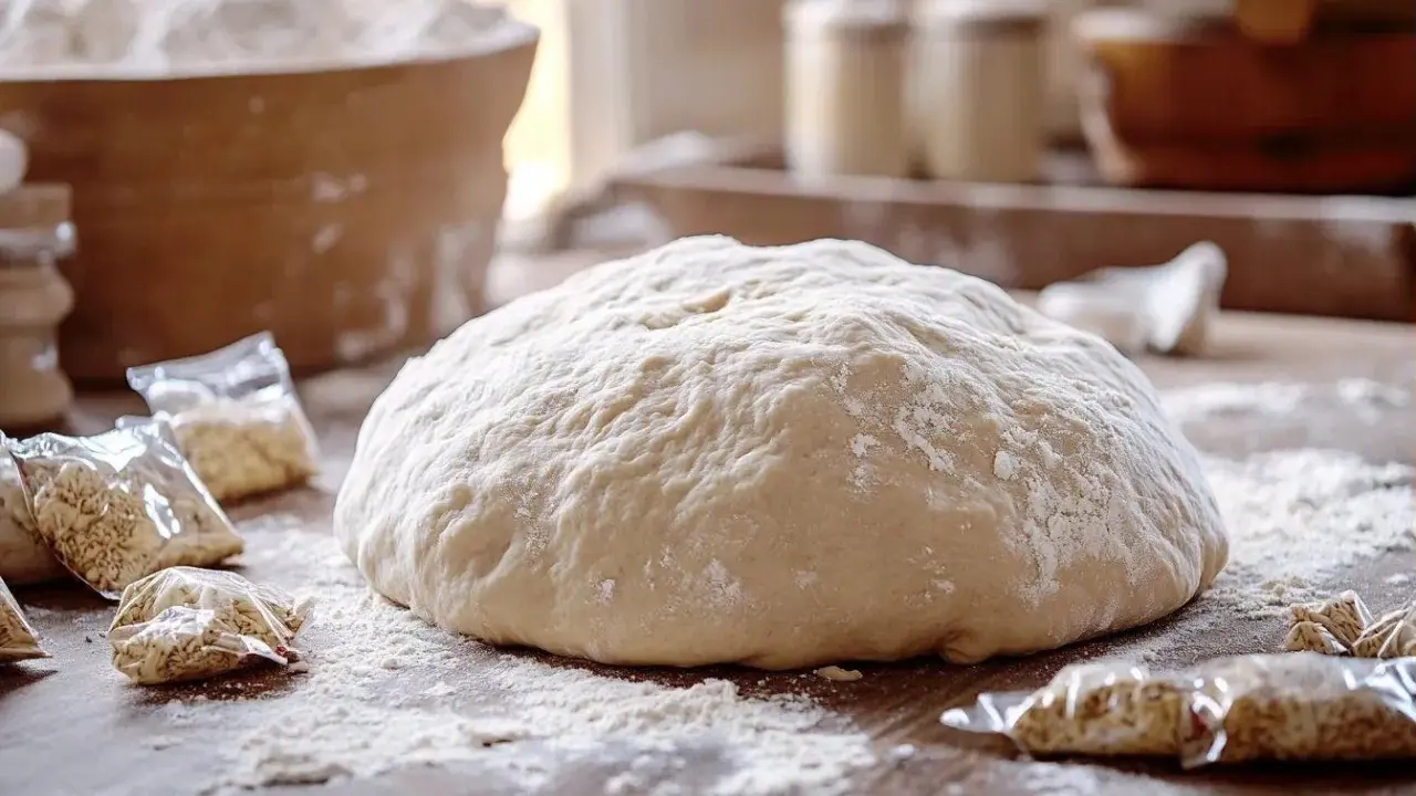 Pâte à brioche sur une table en bois, entourée de sachets de levure. Idéal pour savoir comment rattraper une pâte à brioche qui ne monte pas.