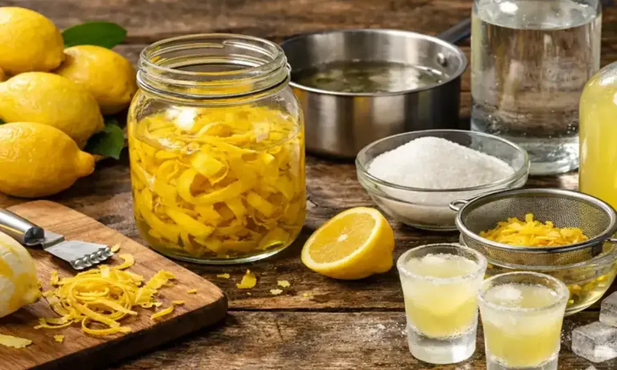 Préparation d'une recette avec limoncello : citrons, zestes, sucre, alcool et deux verres prêts à déguster.