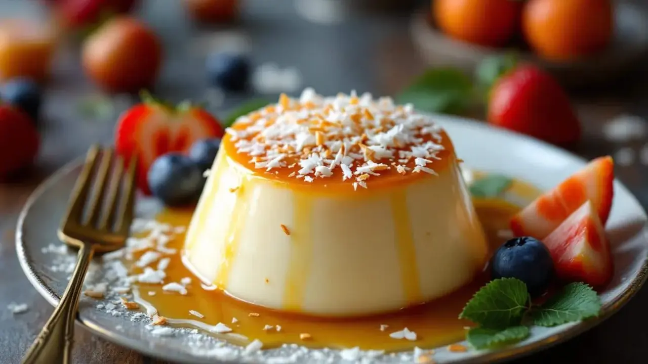 Un délicieux flan coco, nappé de caramel et garni de noix de coco râpée, servi avec des fraises et des myrtilles.