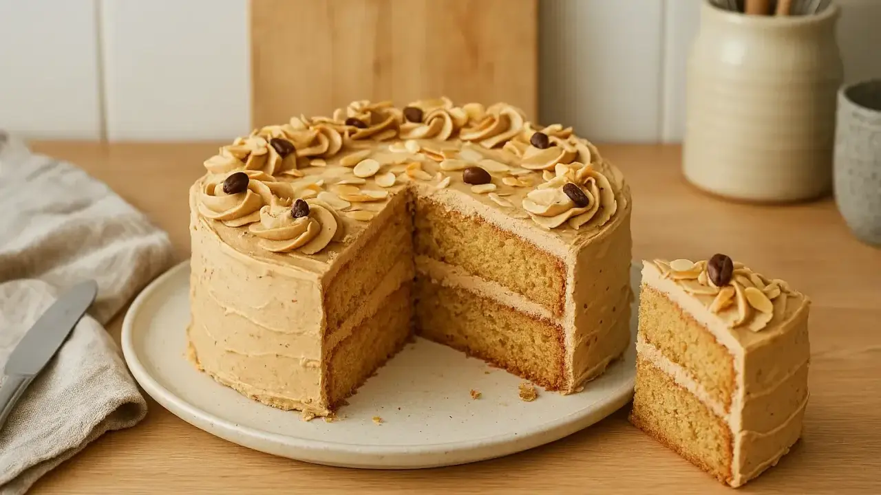 Un délicieux gâteau moka à deux étages, garni de crème au café, d'amandes effilées et de grains de café. Une part est déjà coupée.