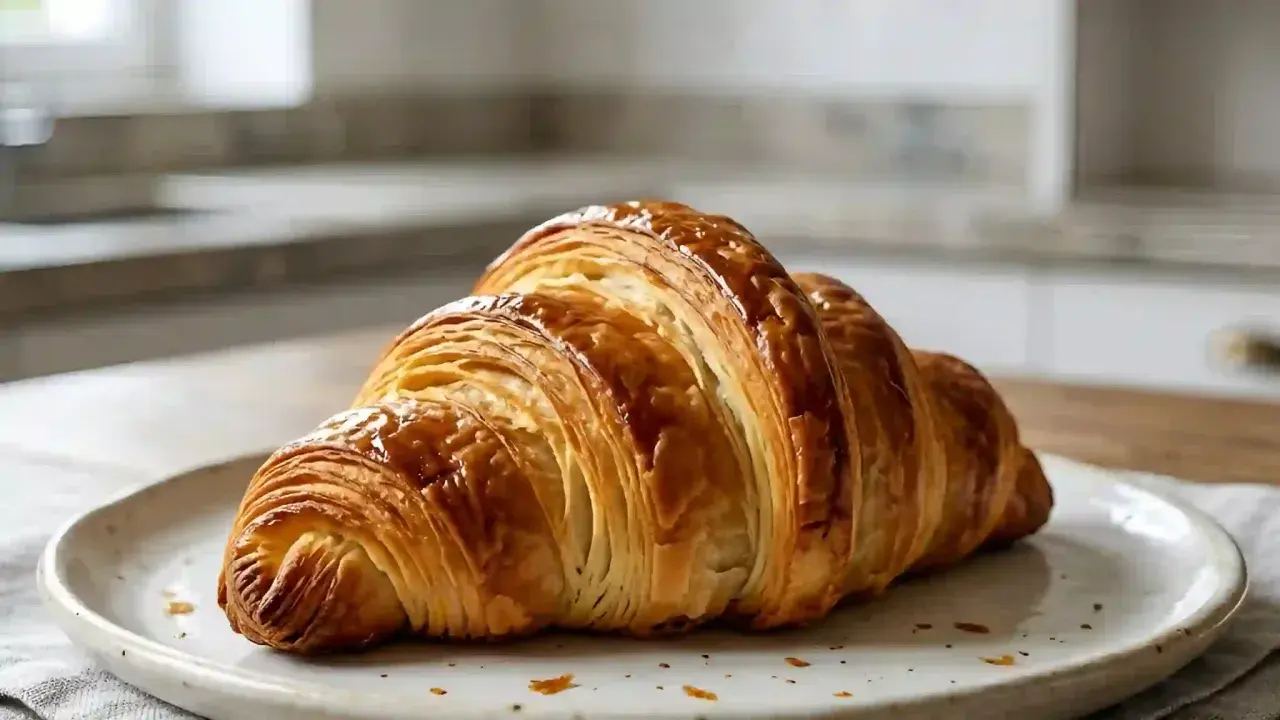 Un croissant doré et feuilleté, prêt à être dégusté. La pâte à croissant est parfaite pour un petit-déjeuner gourmand.