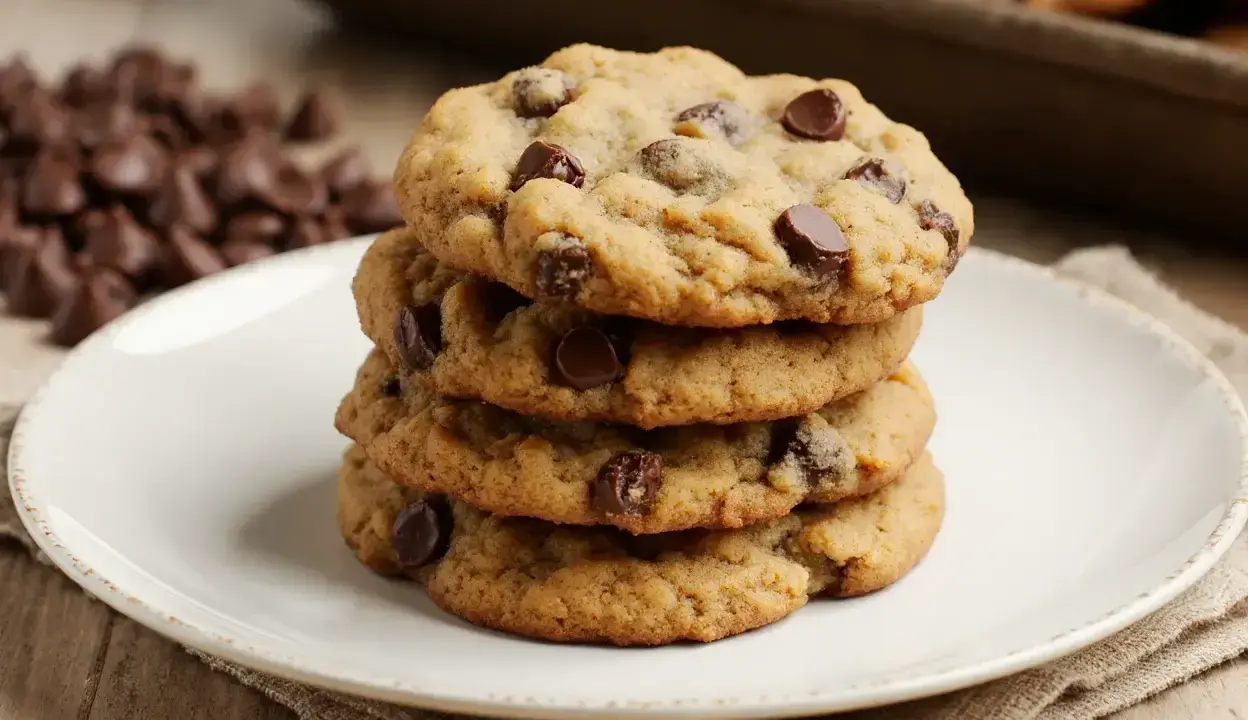Pile de biscuits aux pépites de chocolat, un délice sans farine. Parfaits pour une pause gourmande.