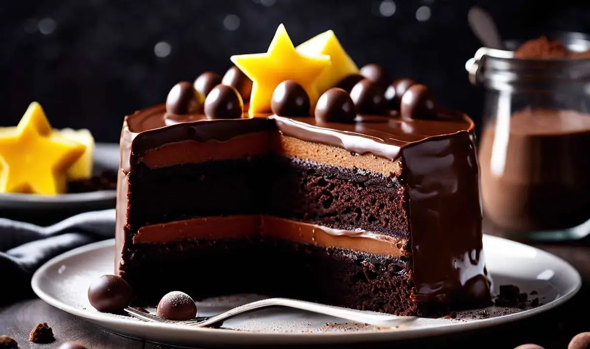Un délicieux gâteau sucré au chocolat, garni de boules de chocolat et d'étoiles jaunes. Une part a été coupée, révélant ses couches moelleuses.