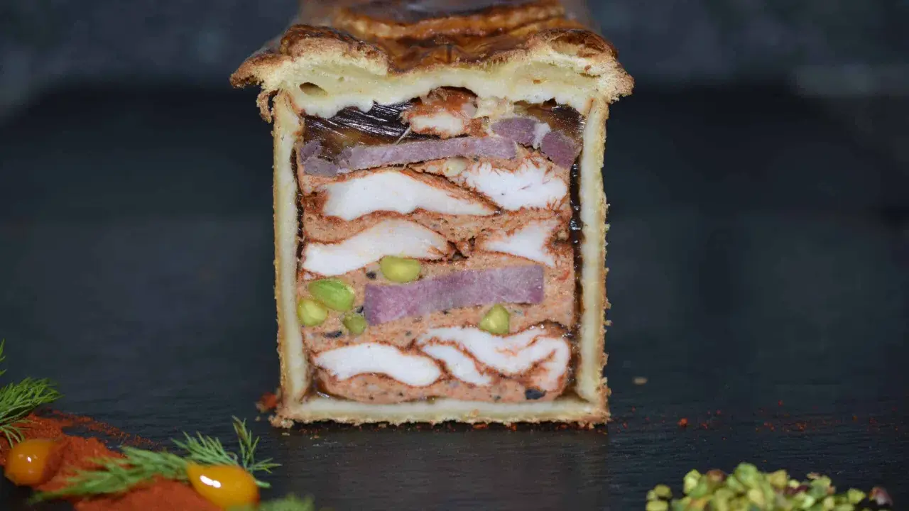 Pâté en croûte aux multiples couches de viandes, pistaches et gelée. Une œuvre d'art culinaire digne de la recette du meilleur pâté en croûte du monde.