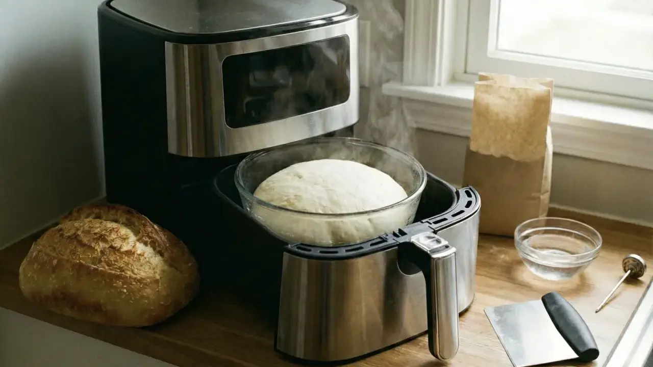 Pâte à pain levée dans un bol, prête à cuire dans une friteuse à air. Le temps pour faire lever une pâte au four est court, mais ici, elle est déjà prête.