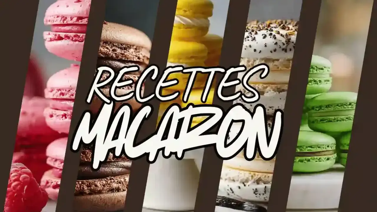 Des macarons roses, bruns, jaunes, blancs et verts empilés. Le texte "Recettes Macaron" est superposé.
