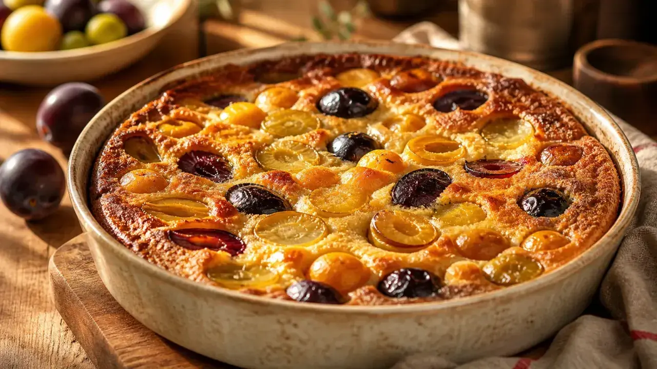 Un délicieux clafoutis aux pruneaux, doré et moelleux, sort du four. Des fruits entiers et coupés parsèment la pâte onctueuse.