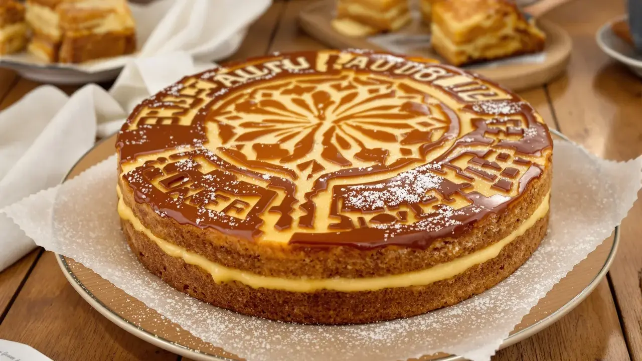 Un délicieux gâteau basque à la crème pâtissière, nappé de caramel et saupoudré de sucre glace.