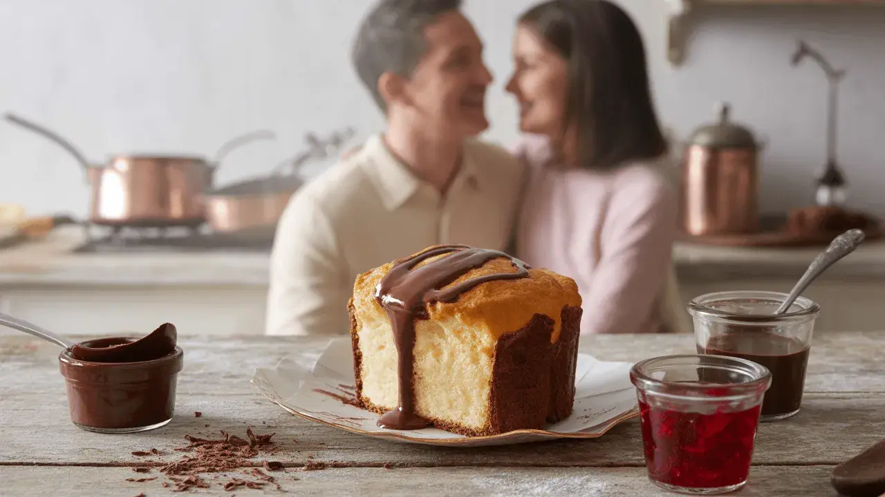 Un couple partage un moment tendre en cuisine, devant un gâteau marbré arrosé de chocolat. Une recette barquette chocolat parfaite pour un moment gourmand.