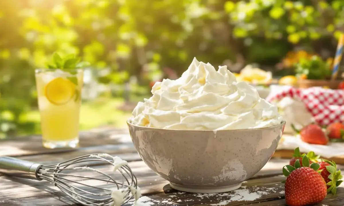 Chantilly aérienne dans un bol, fouet, fraises et limonade sur une table en bois ensoleillée.