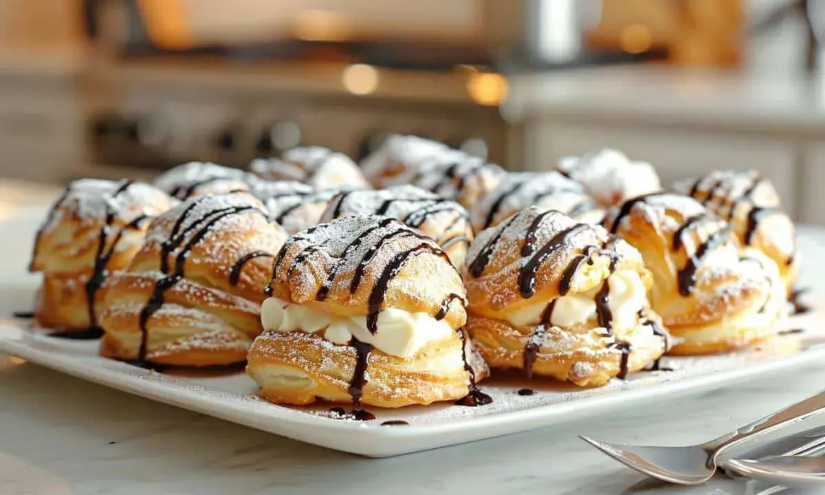 Plate of profiteroles vraie recette, dusted with powdered sugar and drizzled with chocolate sauce. A delicious dessert!
